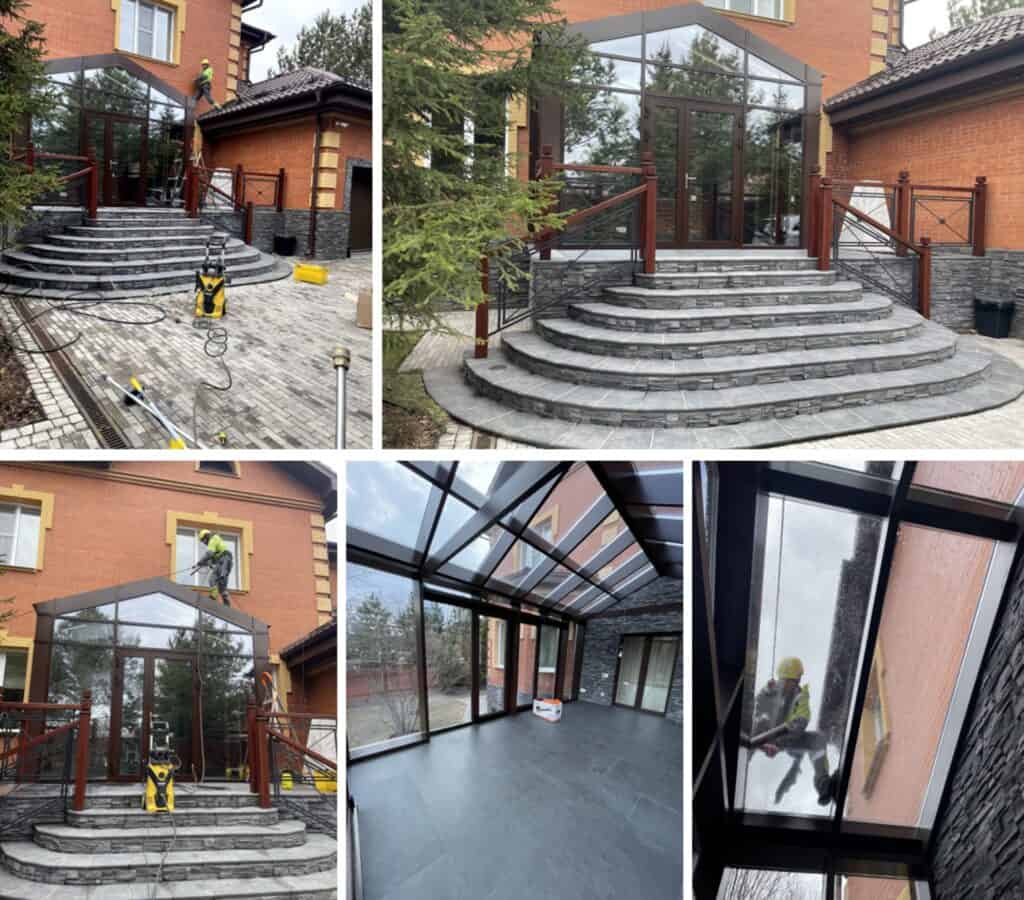 Чистка и мойка фасада и лестницы у жилого дома в Красноярске.